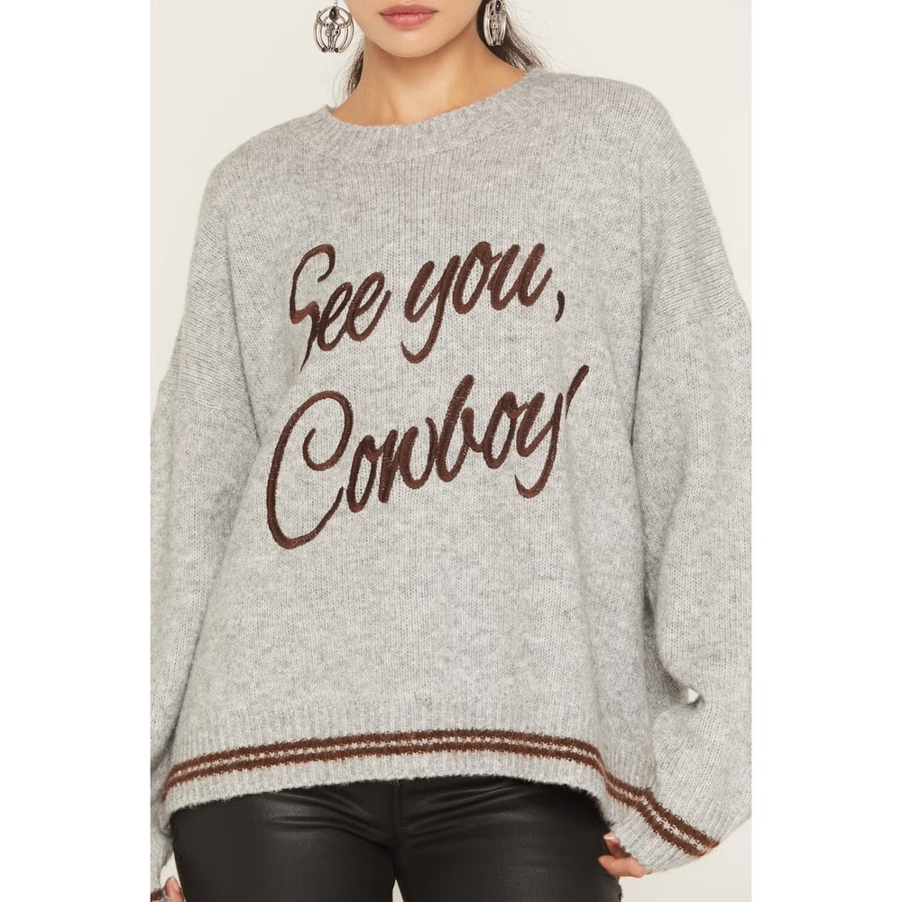 Bailey Rose See You Cowboy Graphic Knit Sweater Gray XL NEW